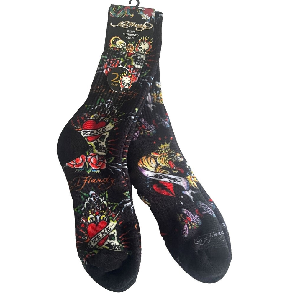 Ed Hardy Mens Cushioned Crew Socks Size 6-12 Skulls Hearts Tiger Roses Tattoo